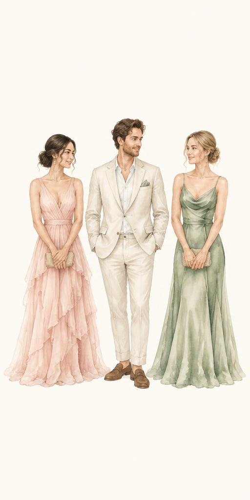 Formal garden wedding attire in blush, cream, and sage