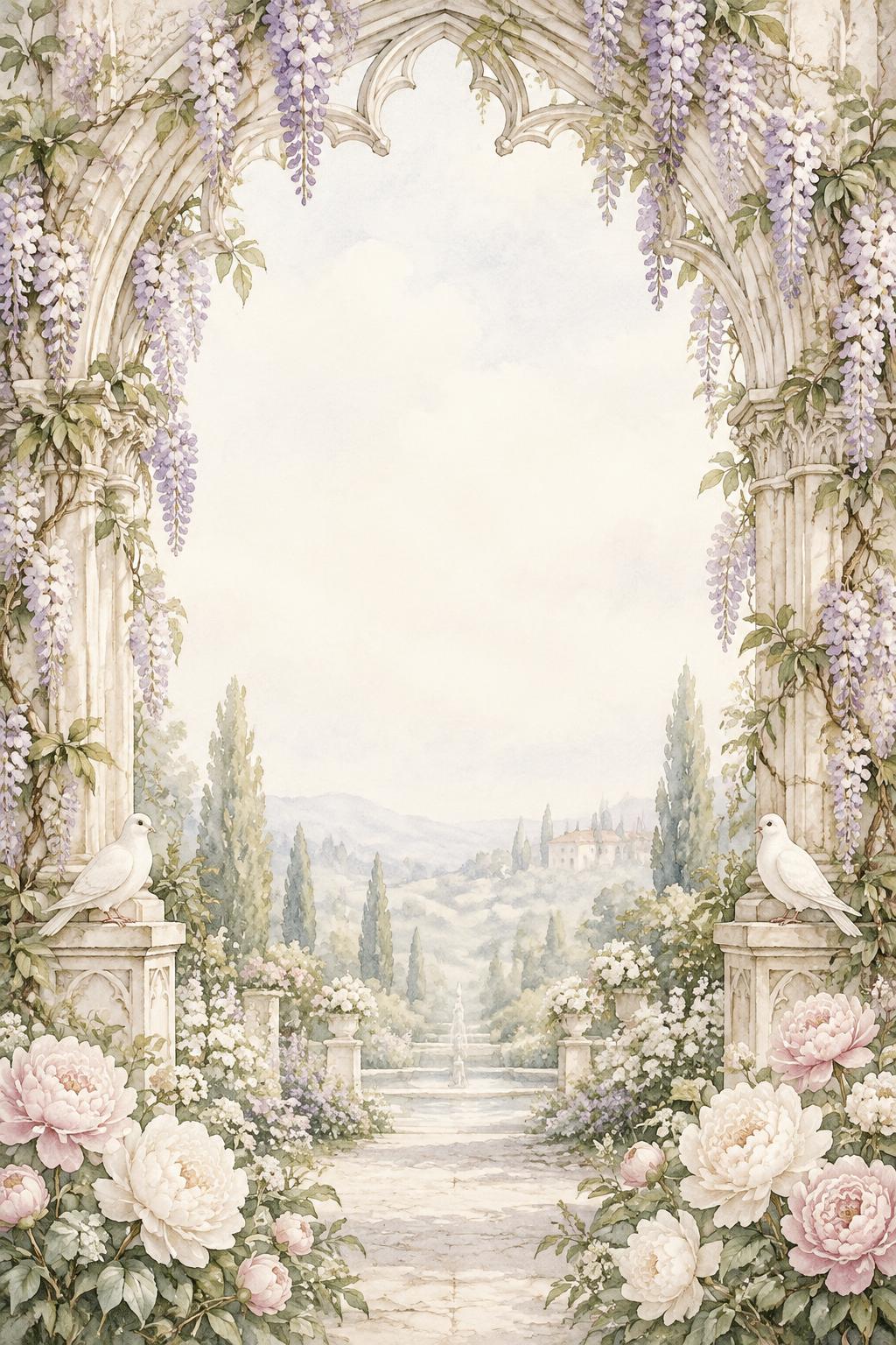 A stone garden arch draped in wisteria, with blush peonies and two white doves