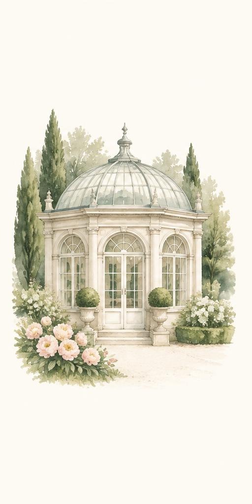 Watercolor of a garden conservatory — sample venue illustration